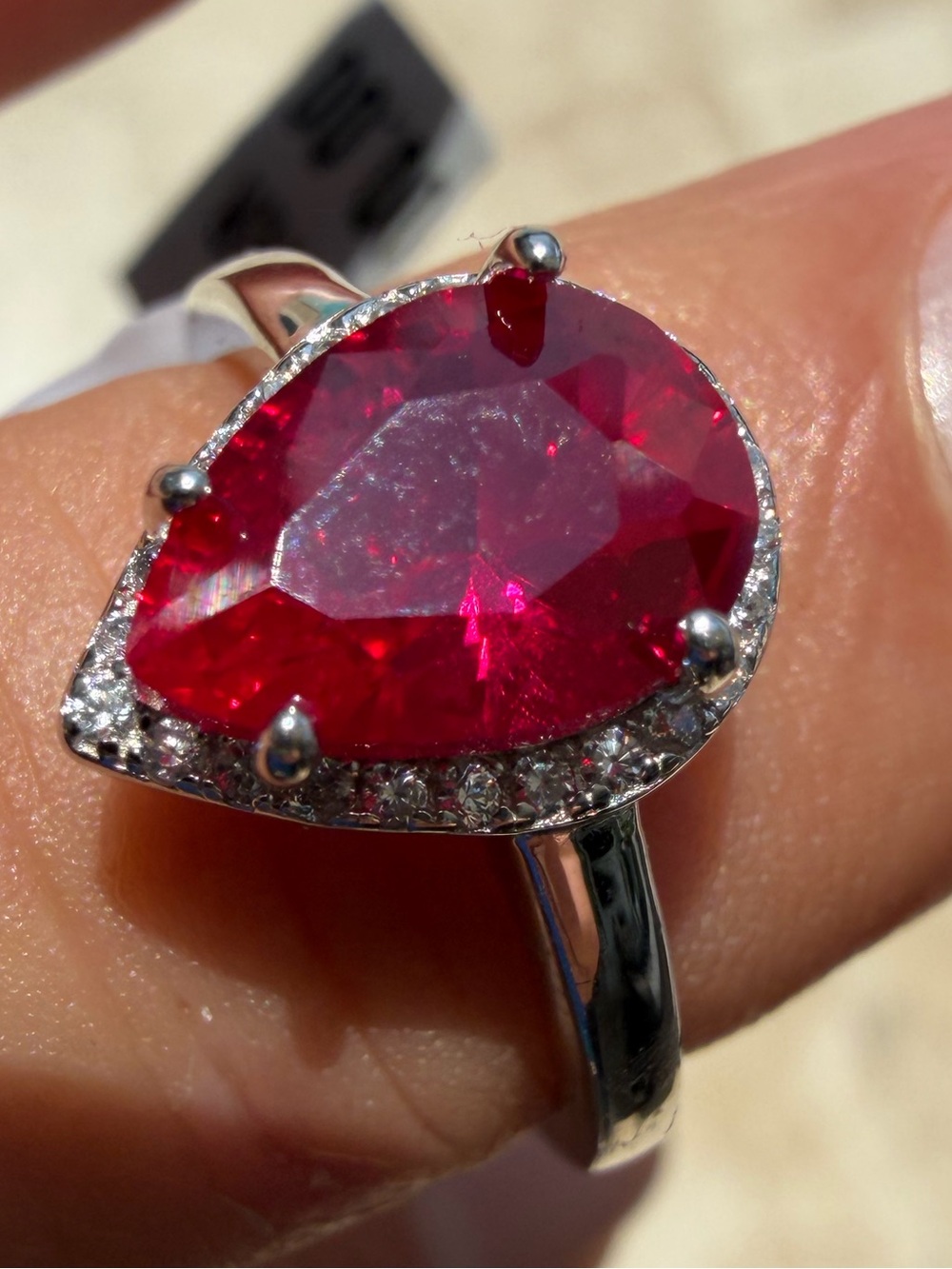 Elegant Pear-Cut Red Garnett Stone Halo Ring - Women Jewelry